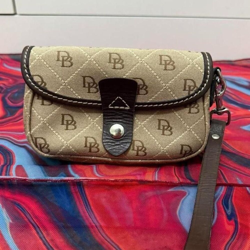 Vintage Dooney & Bourke Khaki Monogram Button Flap Mini Wristlet